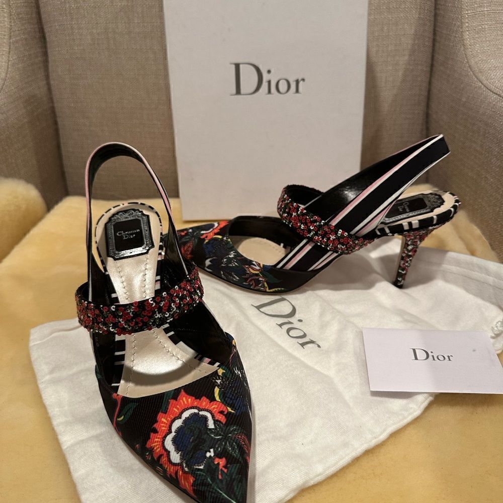 Christian Dior floral satin printed slingback pumps size 41,5, NIB - Picture 5 of 13
